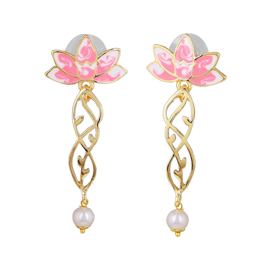 Estele Gold Plated Lotus Flower & Leaf Shaped Pearl Drop Earrings With Pink Enamel For Girl'S & Women : 10197-IGER
