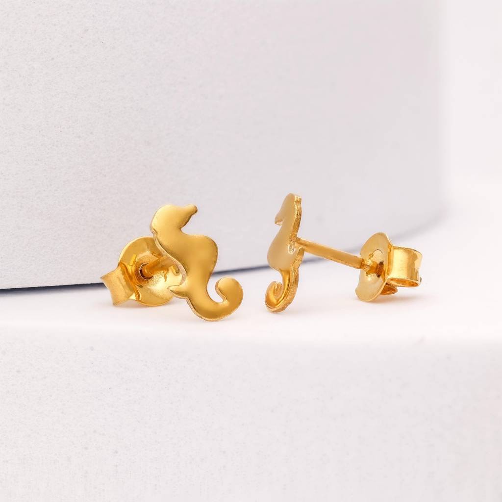 925 Silver Seahorse Stud Earrings Â Cute Ocean Theme Yellow Gold Finish Jewelry : SE_000643