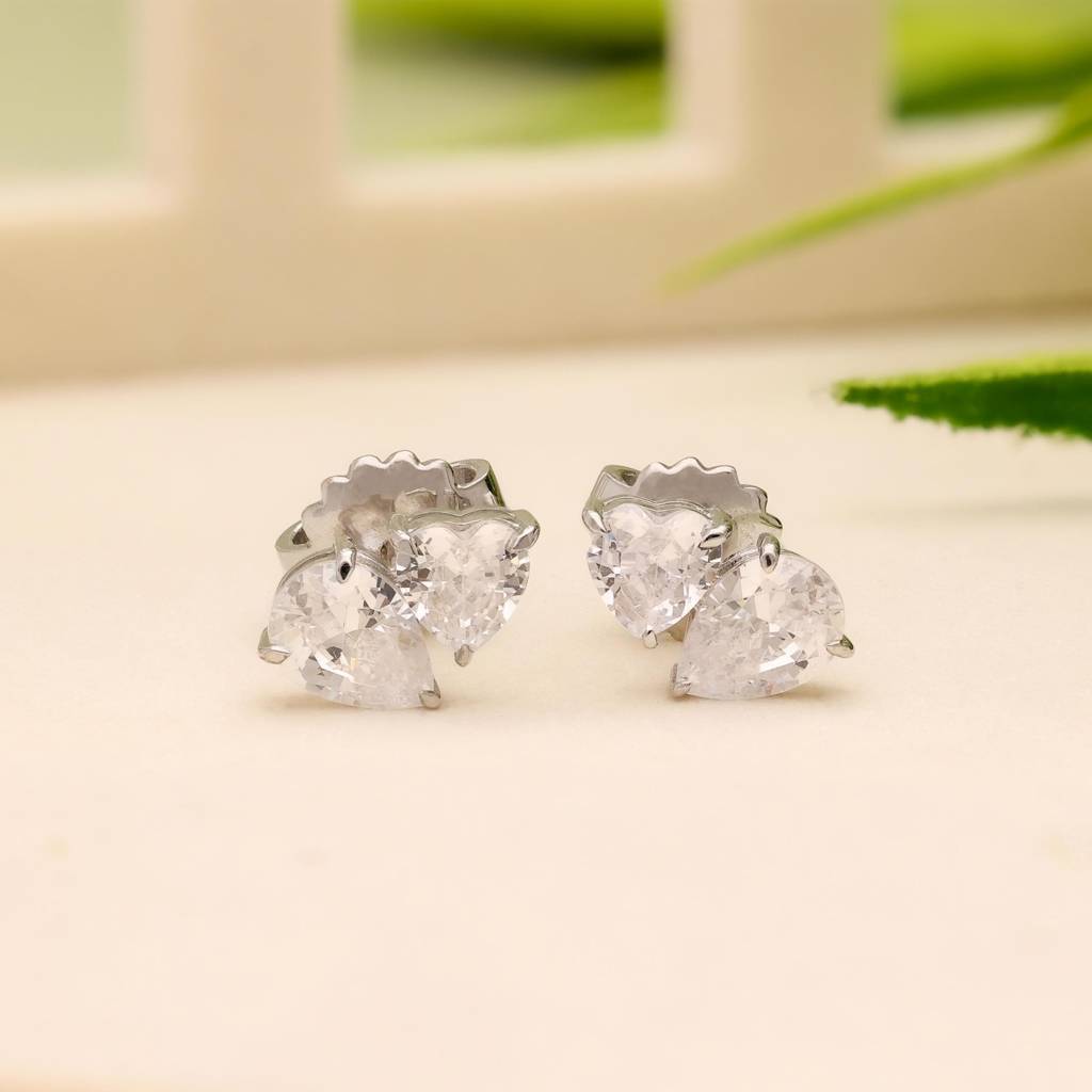 925 Silver Heart & Pear Cz Two Stone Stud Earrings : SE_000527