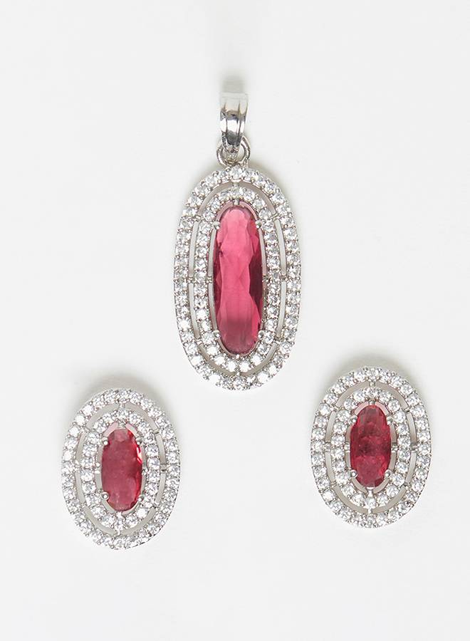 Sparkling Elegance Red Stone Silver Plated Pendant Set : 8905124443547