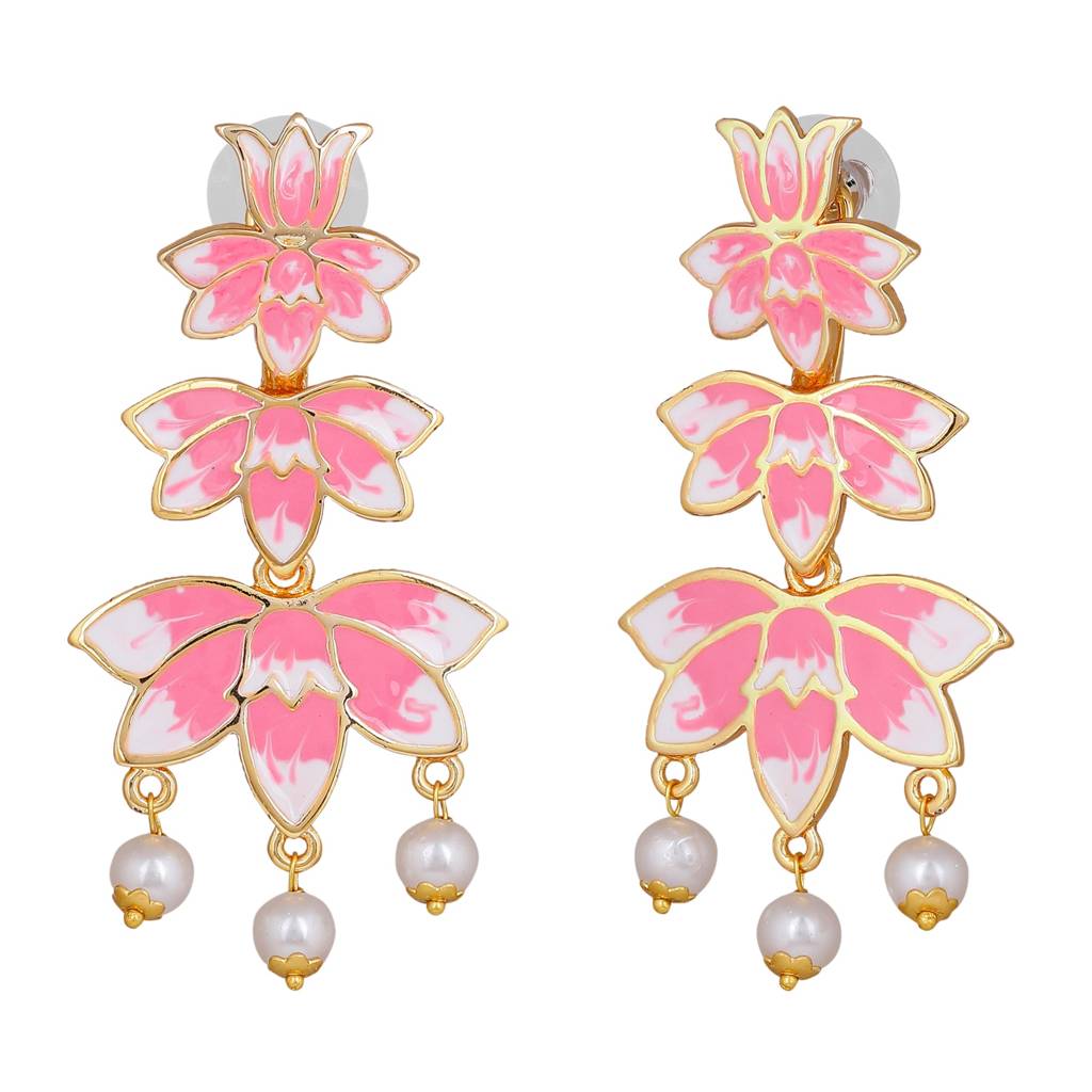 Estele Gold Plated Pink Enamel Lotus Designer Ravishing Pearl Drop Dangler Earrings For Girl'S & Women : 799701-IGER