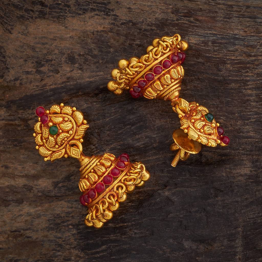 Kushal'S Fashion Jewellery Ruby-Green Gold-Plated Ethnic 92.5 Pure Silver Temple Jhumkas-174146 : 417975