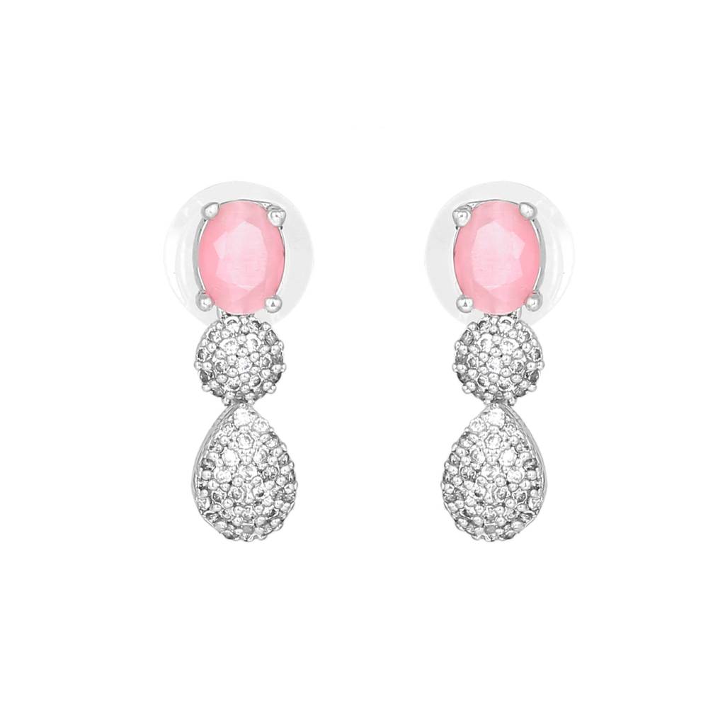 Estele Rhodium Plated Cz Oval Designer Necklace Set With Mint Pink Crystals For Women : AD-704-IR-MPNKER