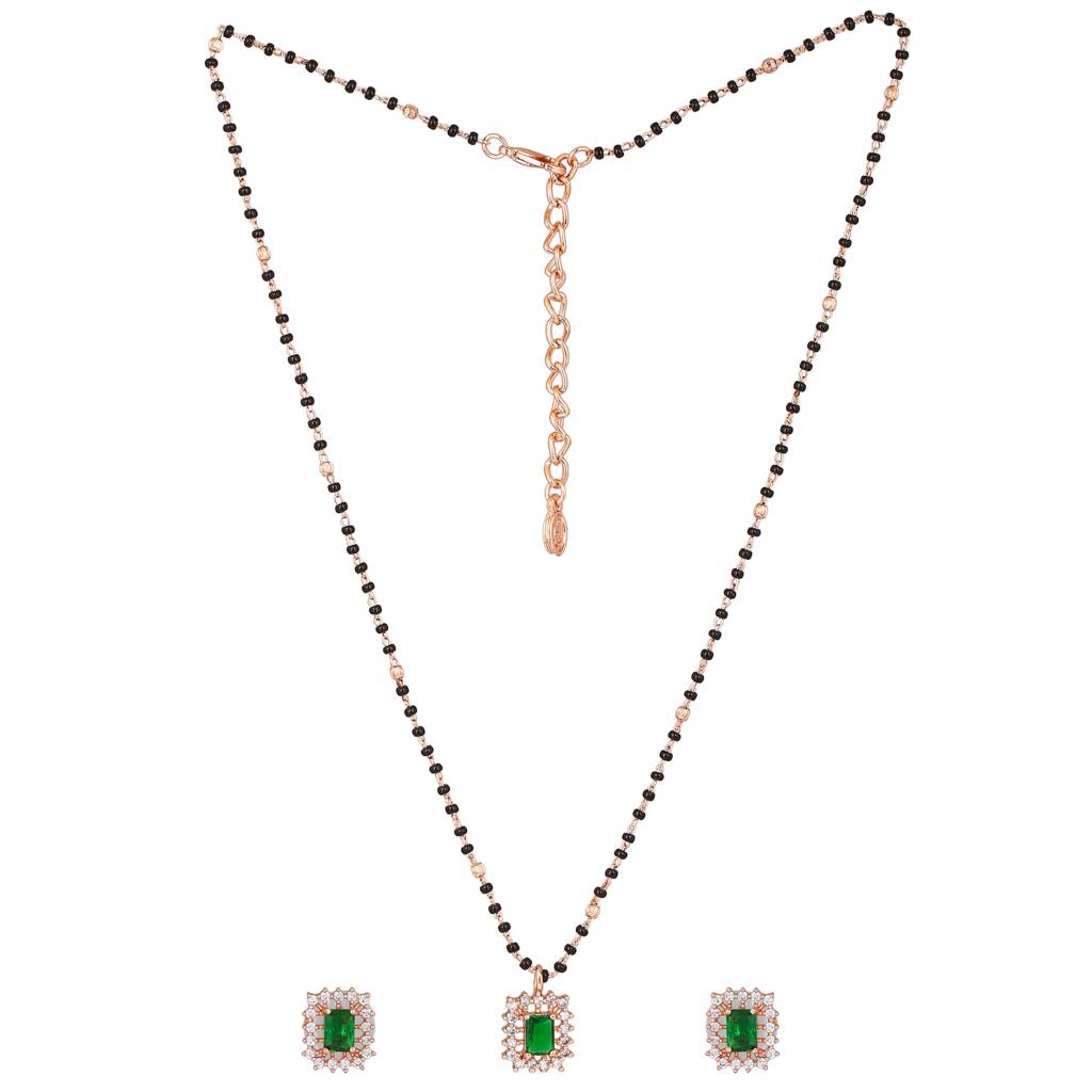 Estele Rose Gold Plated Cz Square Designer Necklace Set With Emerald Stones For Women : ADMS038-RGGNNKER