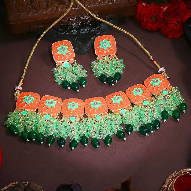 Estele Gold Plated Beautiful Gehena Choker Necklace Set Mint Green Beads For Women : PJ-032-IGMGGNNKER