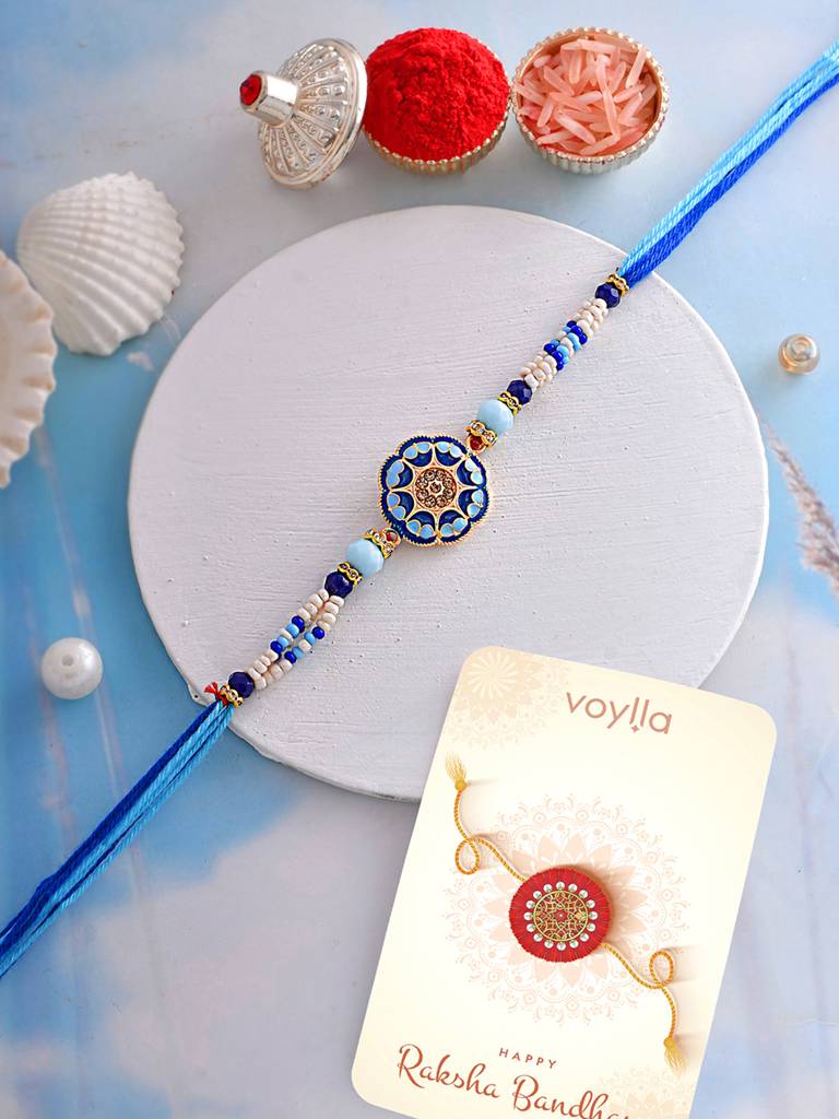 Blue Enamelled And Beaded Men'S Rakhi For Brother | Blue Enamelled And ...