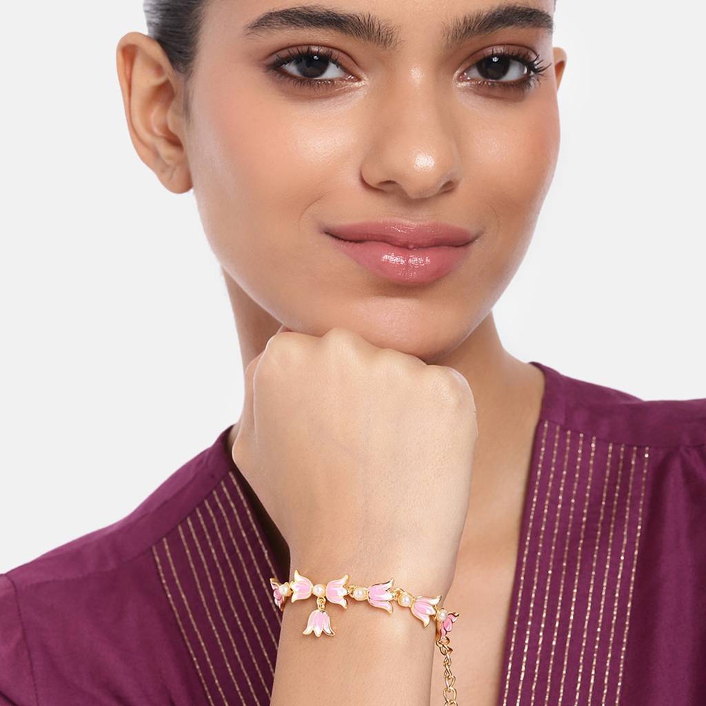 Estele Gold Plated Pink Enamel Lotus Designer Link Chain Adjustable Bracelet With Pearls For Girl'S & Women : 102176-IGBR
