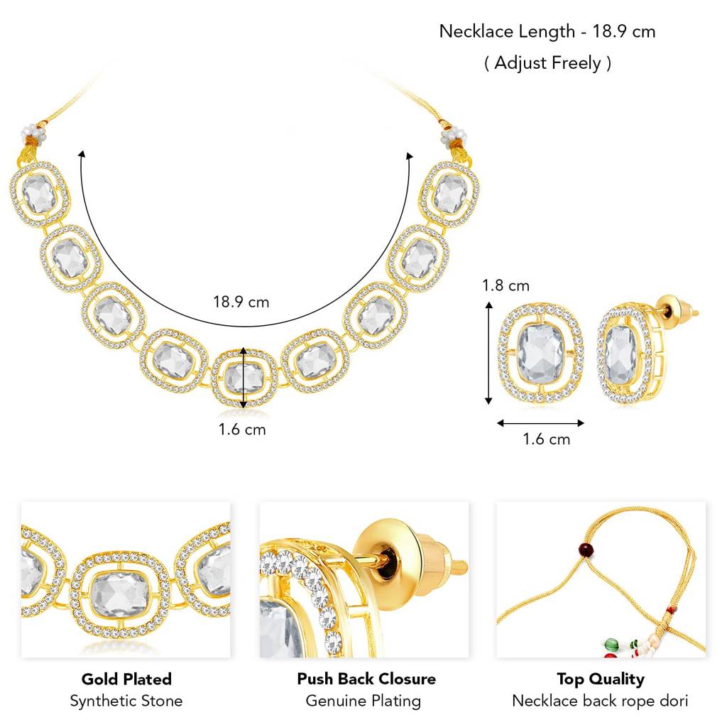 Gold Plated White Synthetic Stone Studded Fancy Choker Necklace & Stud Earrings Fashion Jewellery Set Gift For Wom : PF09N387W