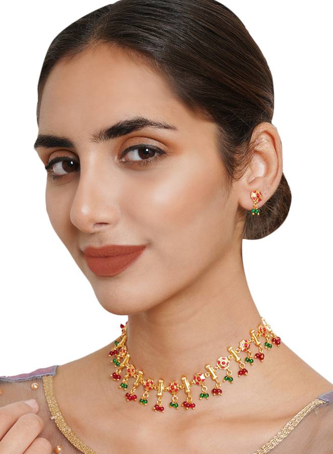 Enamelled And Gold-Plated Festive Hues Red Festive Necklace Set : 8905124466355