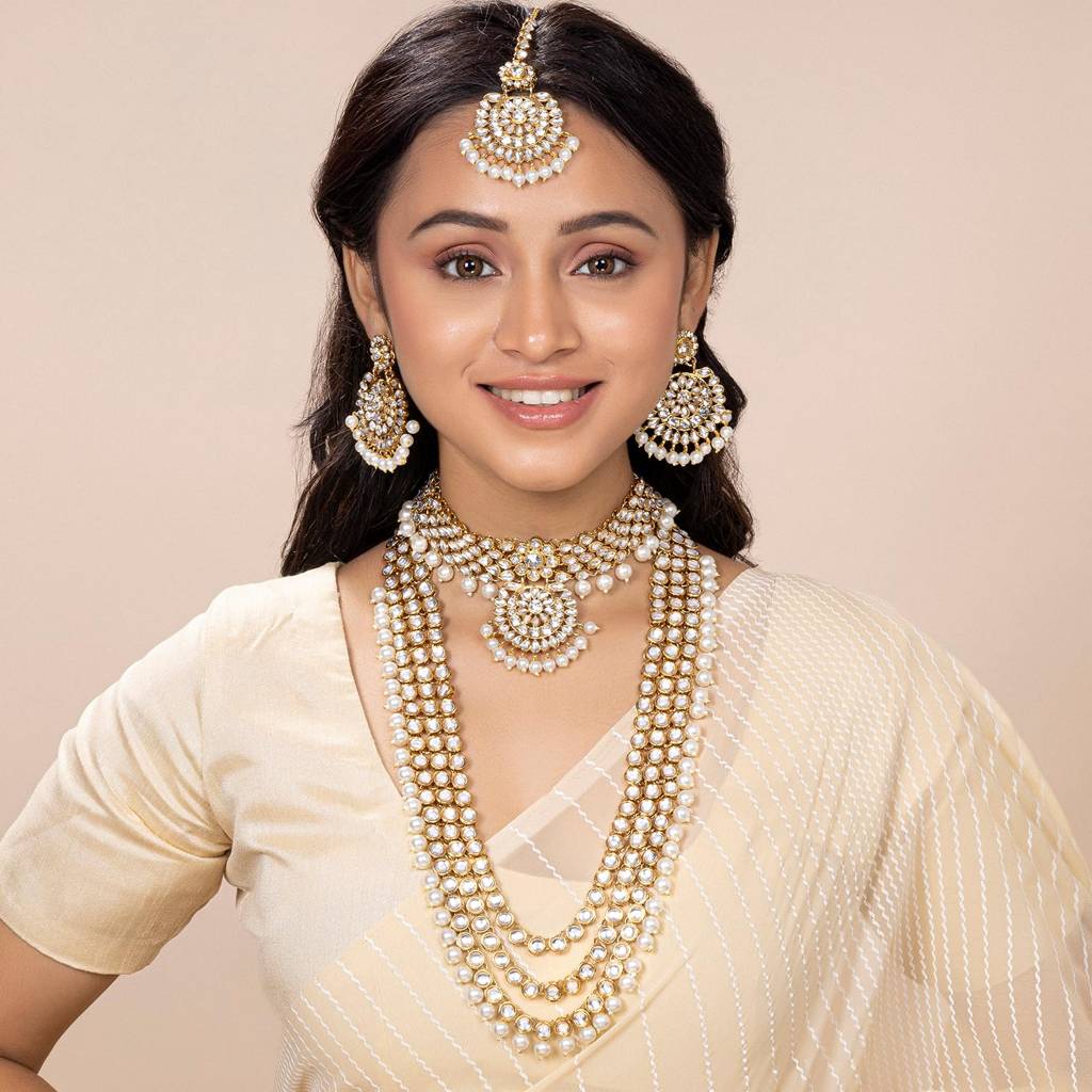 Gold Plated Kundan Faux Bead Bridal Long Necklace Choker Earrings Maangtikka Jewellery Set For Women Girls-Pf25Br : PF25BR106W