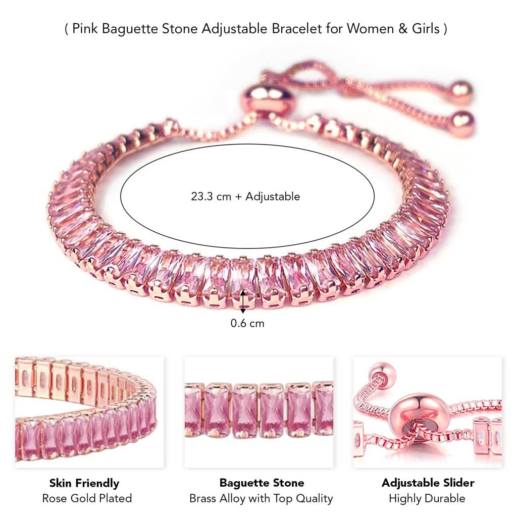 Rose Gold Plated Baguette Stone Studded Adjustable Tennis Bracelet Stylish Fashion Jewellery For Women & Girls-Px8 : PX8B80CPK