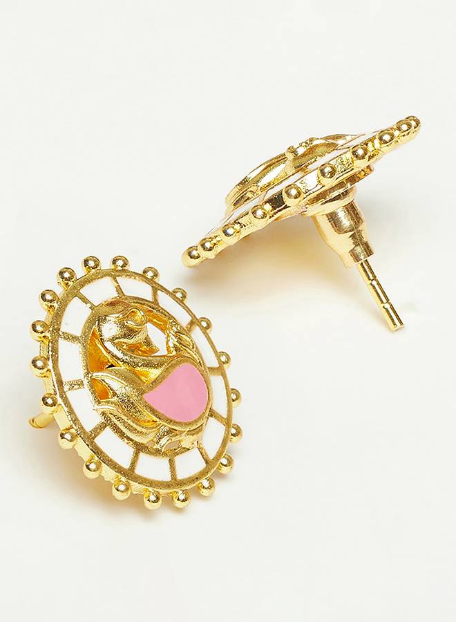 Shwet Kamal Enamelled Peacock Motif Gold Plates Stud Earrings : 8905124444681
