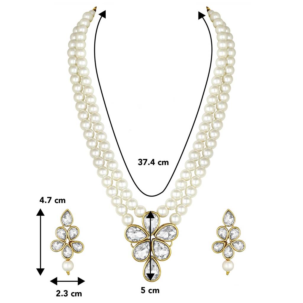 Crystal Faux Pearl Long Necklace With Drop Earrings Traditional Ethnic Jewellery Set For Women Girls-Pf24N184 : PF24N184W