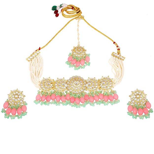 Estele Gold Plated Splendid Gehena Necklace Set & Maang Tikka With Mint Pink Beads For Women : PJ-041-IGMGMPNKERTK