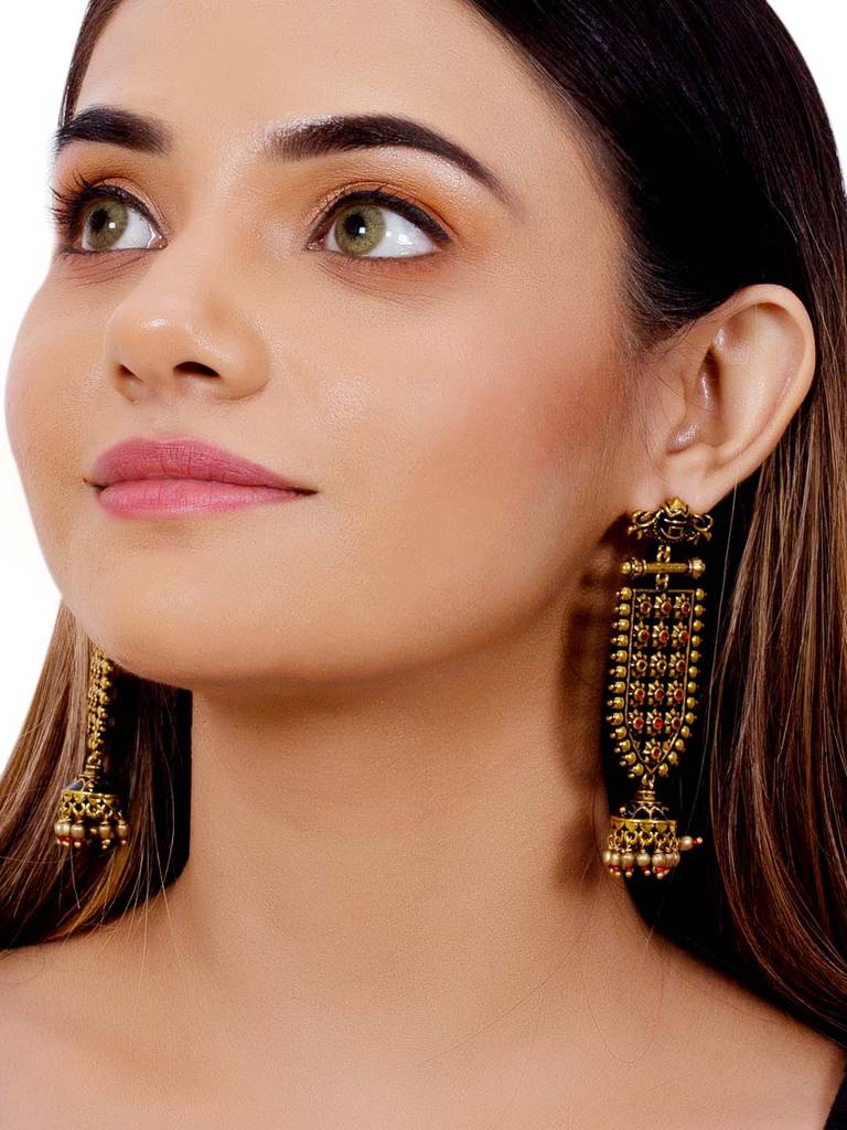 Arabian Nights Antique Traditional Golden Brass Earrings : 8905124424454