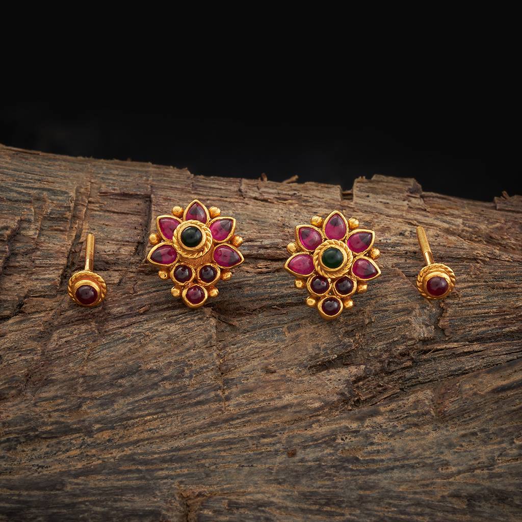 Kushal'S Fashion Jewellery Ruby-Green Gold-Plated Ethnic 92.5 Temple Silver Studs-413420 : 413420