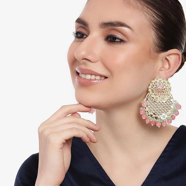 Estele Gold Plated Fascinating Gehena Drop Earrings With Green & Pink Beads For Women : PJ-011-IGMGMPER
