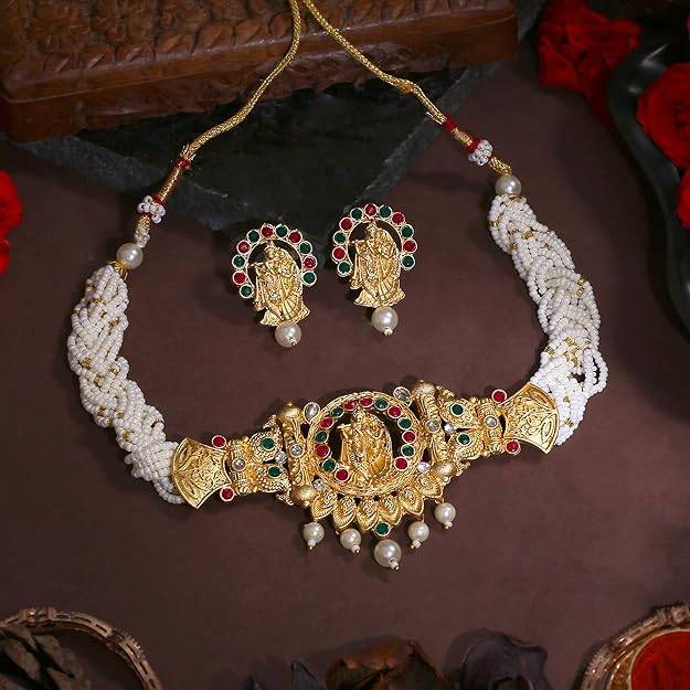 Estele Gold Plated Radha Krishna Gehena Necklace Set With White Pearls For Women : PJ-018-IGRBGNNKER