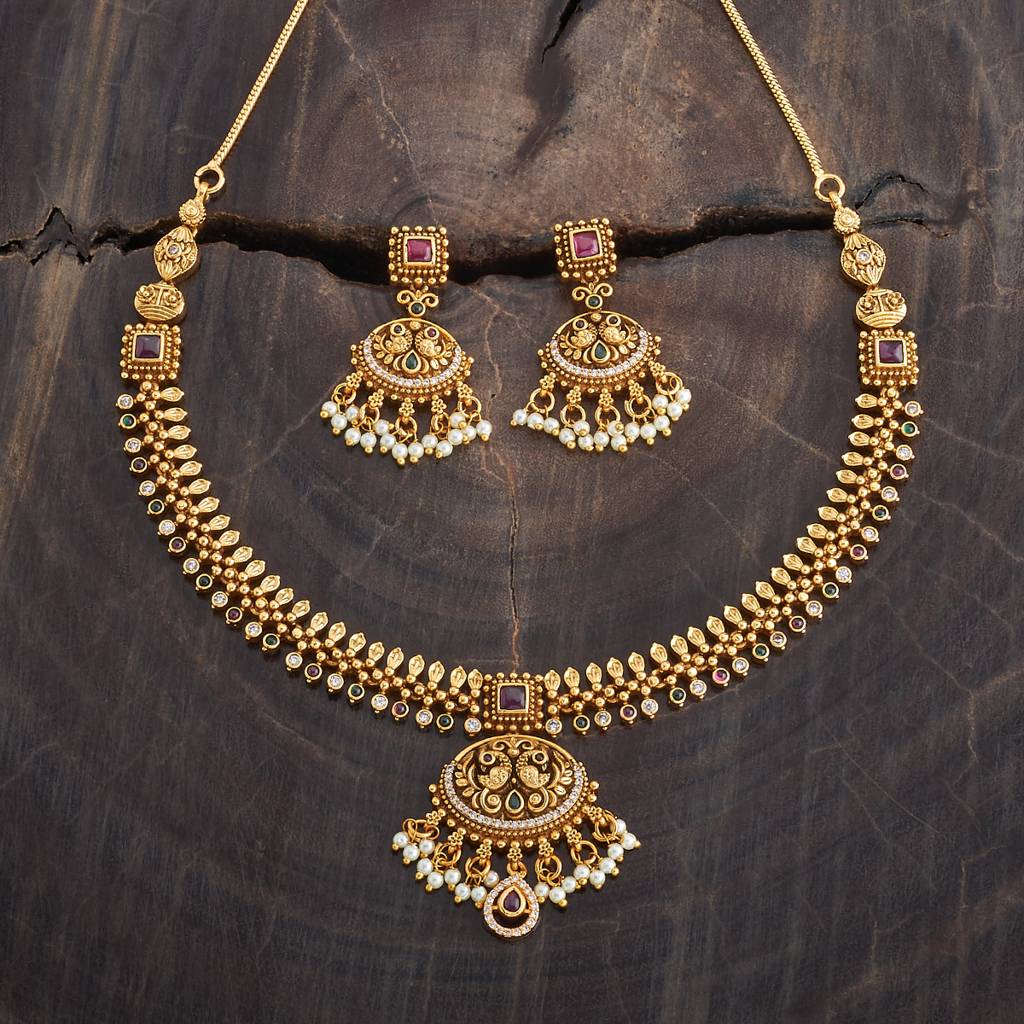 Kushal'S Fashion Jewellery Ruby-Green Gold-Plated Ethnic Copper Antique Jewellery Set-181279 : 433423