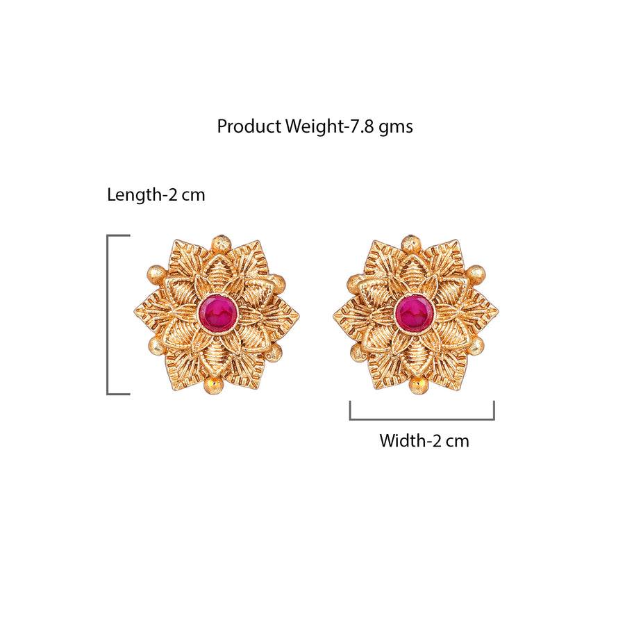 Estele Gold Plated Flower Designer Matte Finish Stud Earrings With Ruby Crystals For Women. : AD-116715-IGRBER