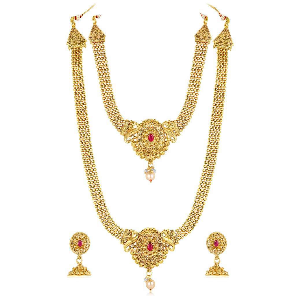 Gold Plated Rani Pink Synthetic Stone & Pearl Studded Maharani Haar Short & Long Necklace With Jhumki Earrings : PF04BR10686RP