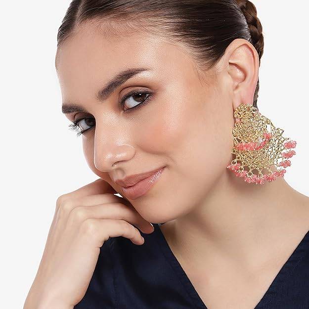 Estele Gold Plated Trellis Gehena Chandbali Earrings With Mint Pink Beads For Women : PJ-007-IGMPER