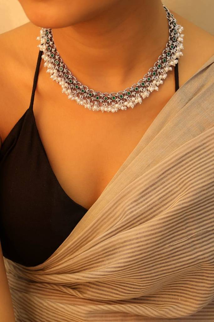 Tattva Green Jadau Pearl Drop Classic Necklace : SN55847