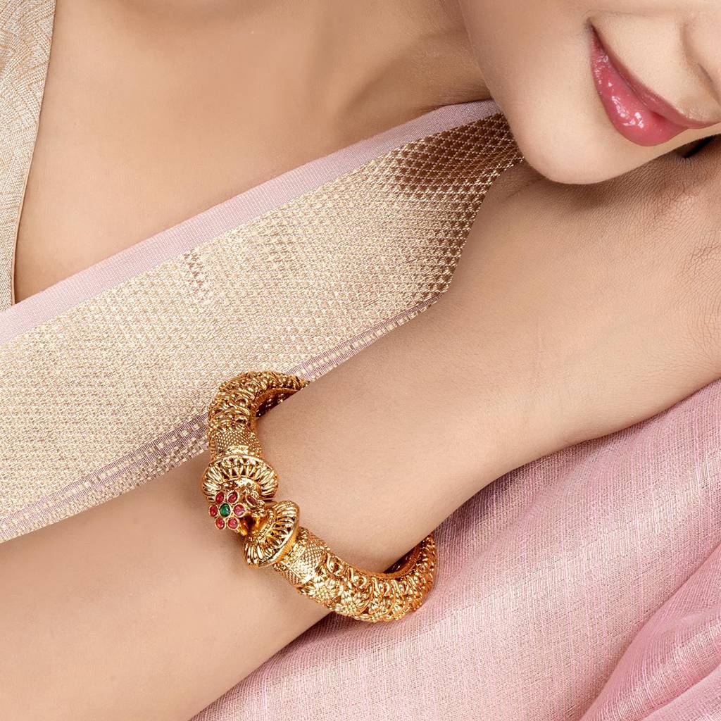 Gold Plated Thick Single Piece Openable Kadaa Bangle Traditional Gokhru Ethnic Jewellery For Women : PF74B136-S1-4