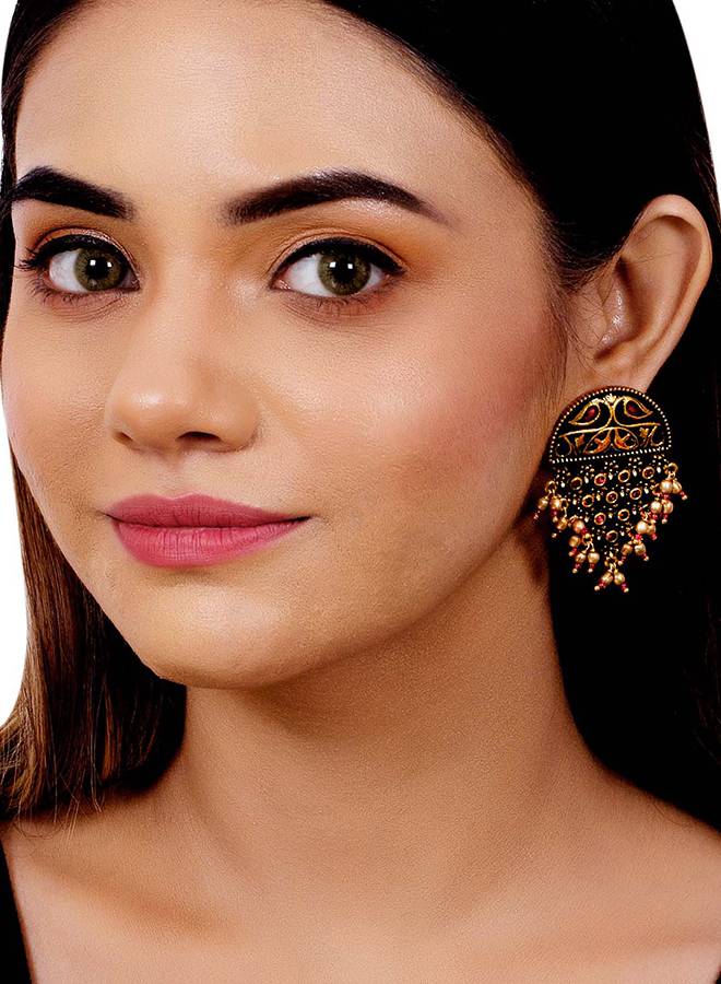 Arabian Nights Antique Oxidized Half Moon Golden Brass Earrings : 8905124423907