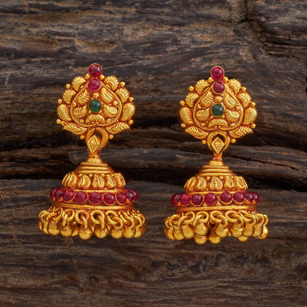 Kushal'S Fashion Jewellery Ruby-Green Gold-Plated Ethnic 92.5 Pure Silver Temple Jhumkas-174146 : 417975