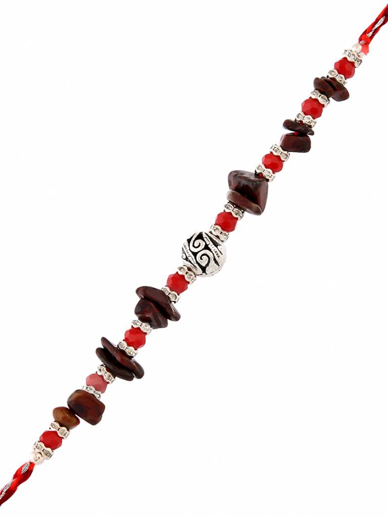 Red Beads Bohemian Motif Thread Rakhi For Brother : 8905124524420