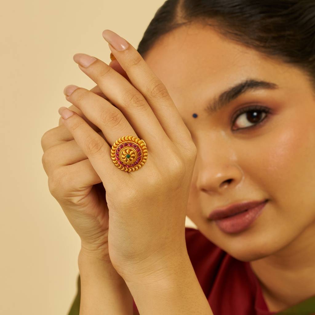 Kushal'S Fashion Jewellery Ruby-Green Gold-Plated Ethnic 92.5 Pure Silver Temple Rings-178145 : 426729