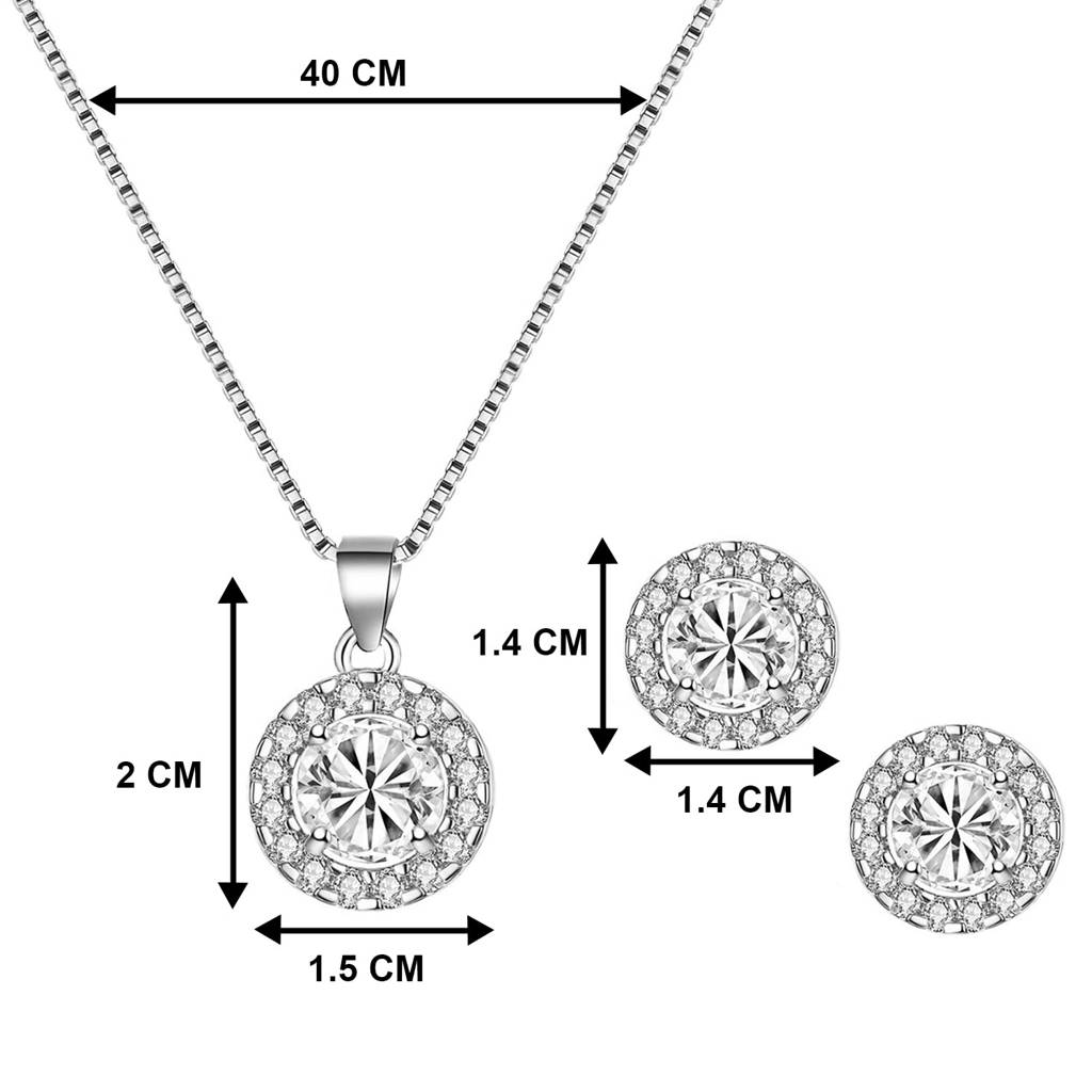 Silver Plated American Diamond Studded Brass Alloy Pendant Chain Necklace & Stud Earrings Set Fashion Stylish Jewell : PX8PS19