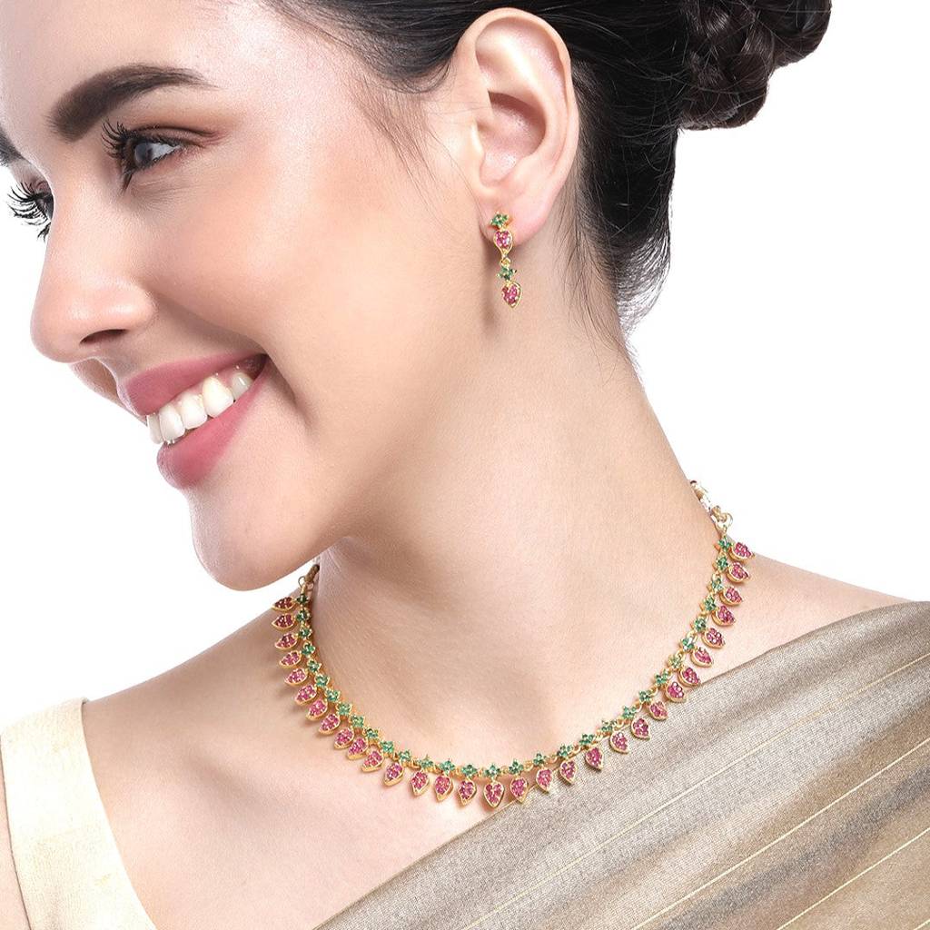 Estele Gold Plated Cz Exquisite Leaf Designer Necklace Set For Women : AD-637-IGNKER
