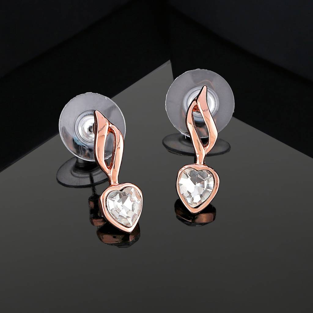 Estele Rosegold Plated Heart Shaped Stud Earrings With White Crystals For Girls & Women : 652701-RGER