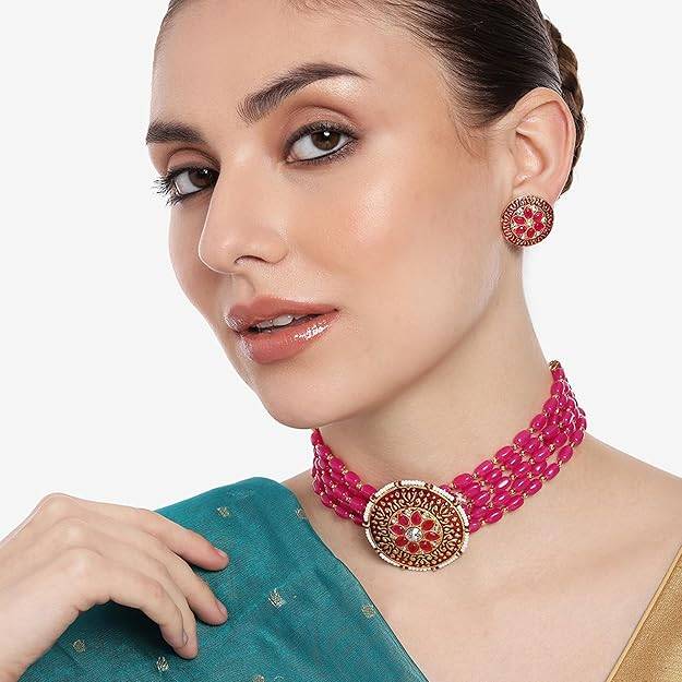 Estele Gold Plated Fascinating Designer Gehena Necklace Set With Pink Beads For Women : PJ-022-IGPNNKER