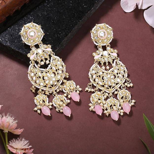 Estele Gold Plated Gorgeous Gehena Drop Earrings With Mint Pink Beads For Women : PJ-015-IGMPER