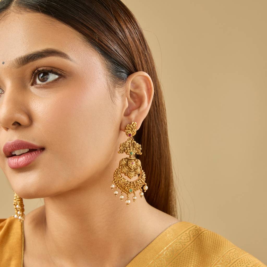 Ruby-Green Gold-Plated Ethnic Antique Drops-442832 : 442832