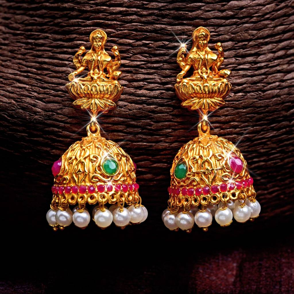 Estele Gold Plated Holy Temple Nakshi Style Bridal Earrings With Pearls For Women : 10096-IG-ERER