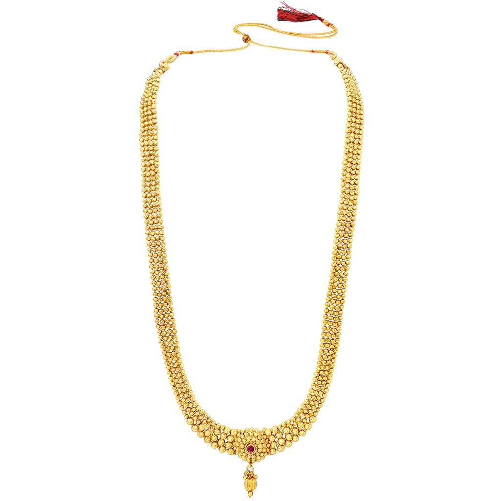 Traditional Long Gold Plated Maharashtrian & South Indian Style Necklace Earrings Jewellery Set For Women : PF04BRLS3398RP