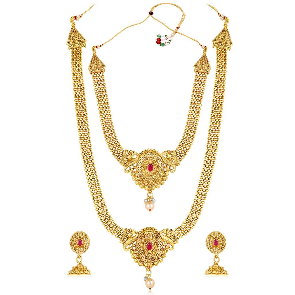 Gold Plated Rani Pink Synthetic Stone & Pearl Studded Maharani Haar Short & Long Necklace With Jhumki Earrings : PF04BR10686RP