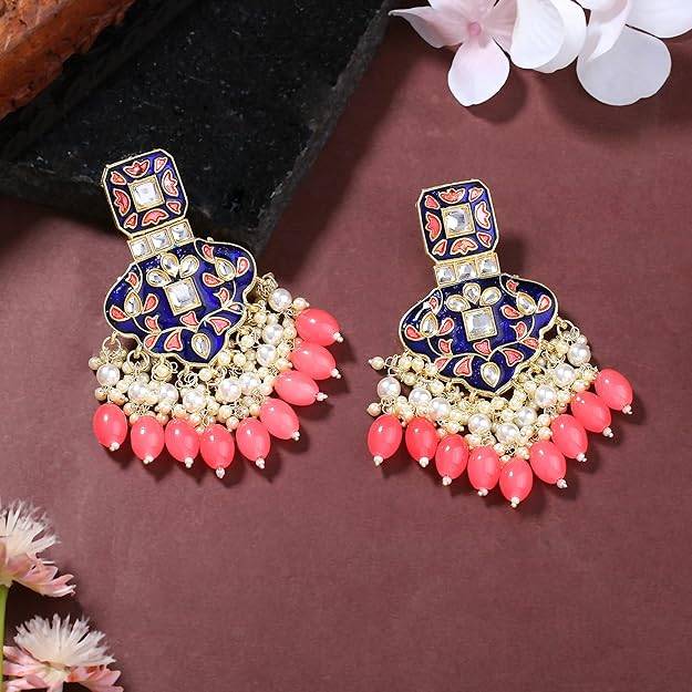 Estele Gold Plated Splendid Designer Gehena Earrings With Mint Pink Beads For Women : PJ-014-IGMPER