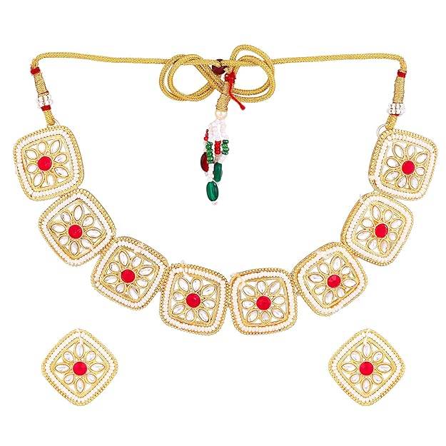 Estele Gold Plated Square Designer Kundan-Studded Gehena Necklace Set For Women : PJ-021-IGRBNKER