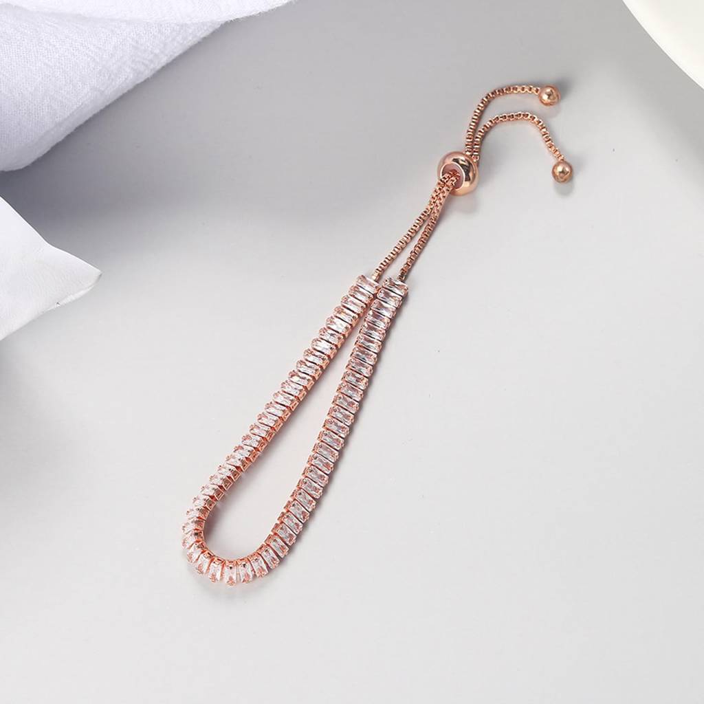 Rose Gold Plated Baguette Stone Studded Adjustable Tennis Bracelet Stylish Fashion Jewellery For Women & Girls-Px8B : PX8B80CW