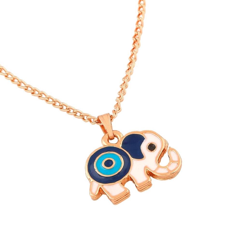 Estele Rose Gold Plated Gorgeous Elephant Designer Evil Eye Charm Pendant With Navy Blue & Turquoise Blu : 1011-RG-NBTQPENDANT