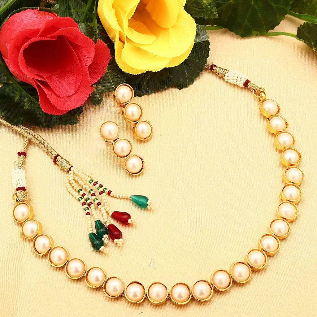 Gold Plated Choker Necklace With Drop Earrings Traditional Jewellery Set For Women Girls-Pf04N3392 : PF04N3392W