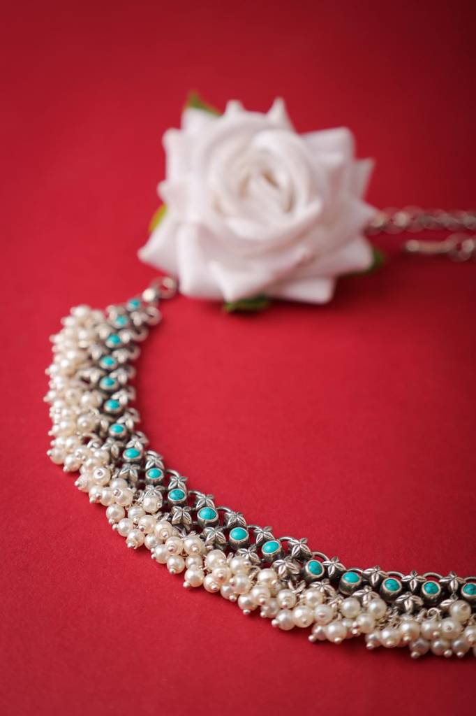 Tattva Turquoise Jadau Pearl Drop Classic Necklace : SN558488