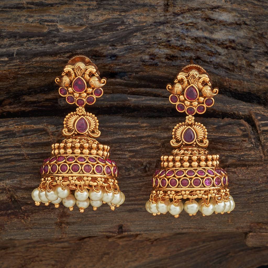 Kushal'S Fashion Jewellery Ruby Gold-Plated Ethnic Antique Jhumkas-433580 : 433580