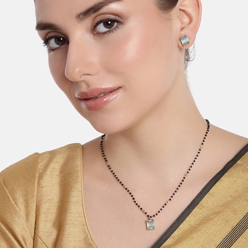 Estele Rose Gold Plated Cz Mangalsutra Necklace Set With Mint Green Stones For Women : ADMS039-RGMGNKER