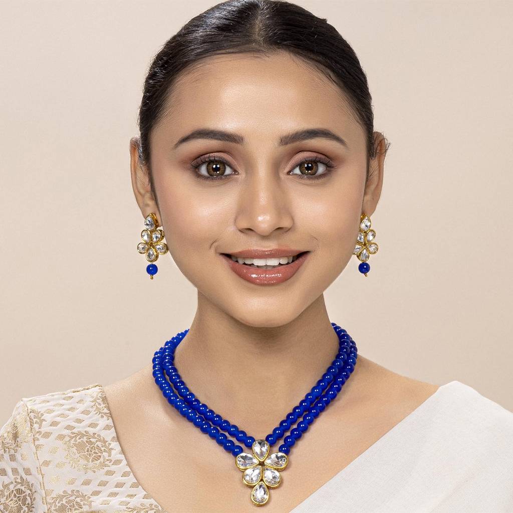 Crystal Faux Pearl Long Necklace With Drop Earrings Traditional Ethnic Jewellery Set For Women Girls-Pf24N184 : PF24N184B